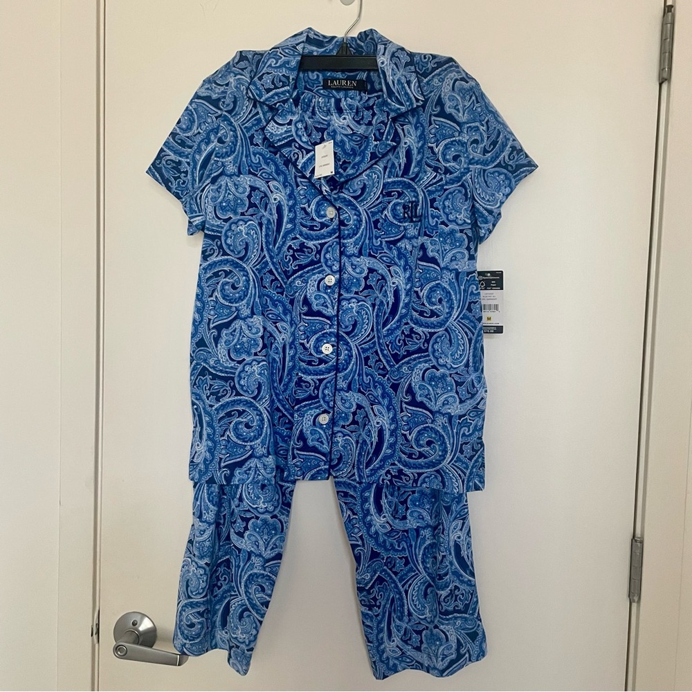 Lauren Ralph Lauren Women’s Pajama Set Sz M Blue Paisley Buttons Shirt Pants